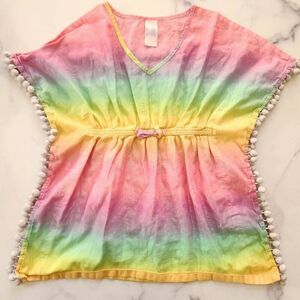 More than Magic XS 4/5 girls rainbow swim cover up pom pom trim swimming top